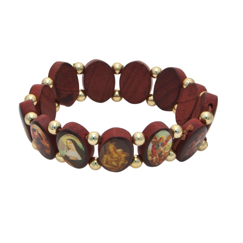 Bracelet sur elastique des saints, images vernies, grains en bois marron, forme ovale moyen, hauteur 1,7 cm.