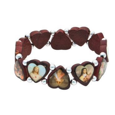 Bracelet sur elastique des saints, images vernies, grains en bois marron, forme coeur, hauteur 1,5 cm.