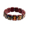 Bracelet sur elastique des saints, images vernies, grains en bois marron, forme rectangle, hauteur 1,5 cm.