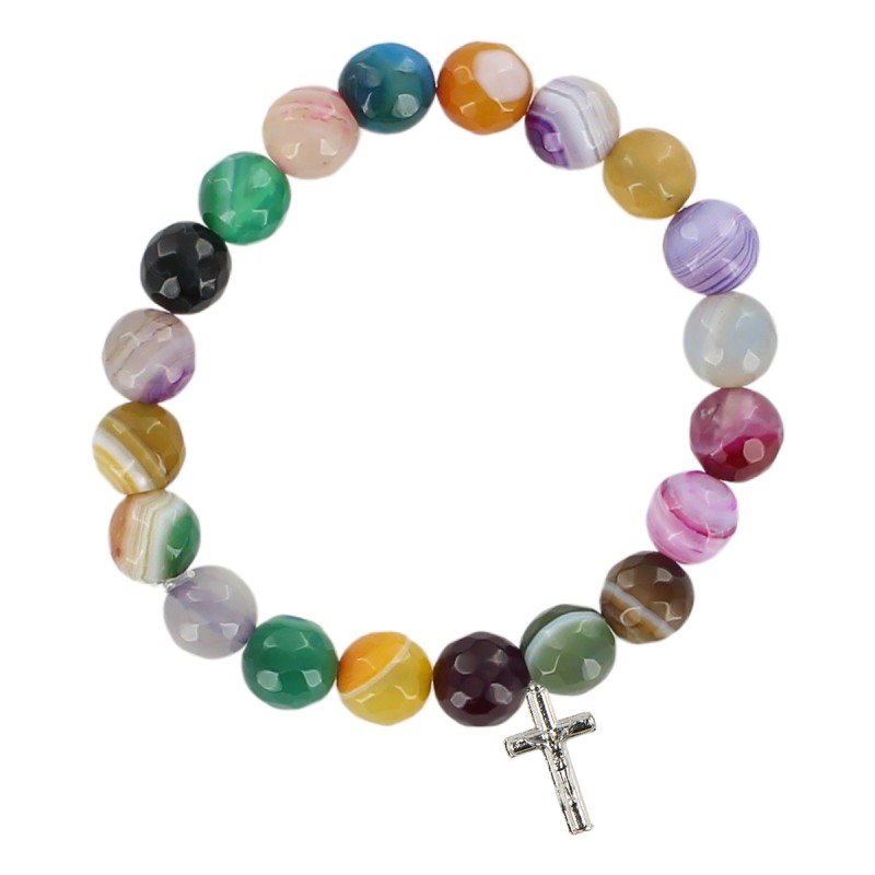 Bracelet sur élastique pour enfant, grains en pierres assorties Ø 7 mm avec croix métal.