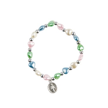 Bracelet sur élastique pour enfant, grains multicolores nacrés forme cœur Ø 6 mm, V.Miraculeuse.