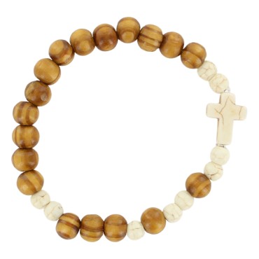 Bracelet sur elastique grains en bois et pierres synthetiques assorties Ø 6 mm avec croix - LOT DE 5 ASSORTIS