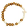 Bracelet sur elastique grains en bois et pierres synthetiques assorties Ø 6 mm avec croix - LOT DE 5 ASSORTIS