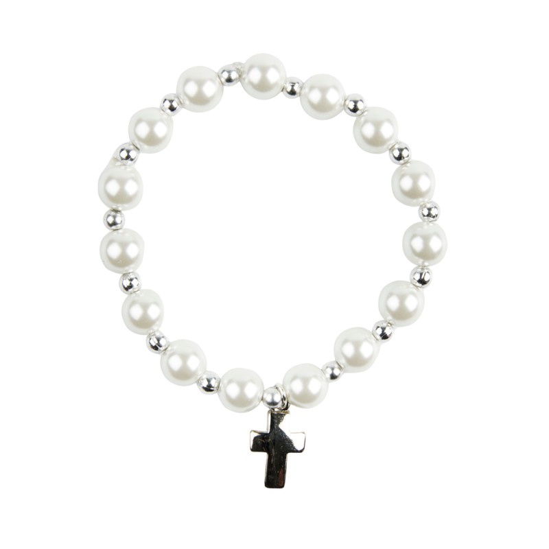 Bracelet sur élastique grains nacrés blancs Ø 7 mm avec croix métal.