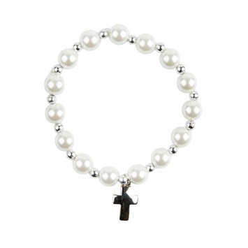Bracelet sur élastique grains nacrés blancs Ø 7 mm avec croix métal.