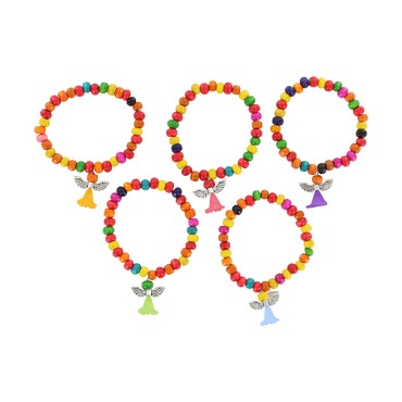 Bracelet sur elastique pour enfant, grains bois couleurs assorties Ø 6 mm avec medaille petit ange - LOT DE 5 ASSORTIS