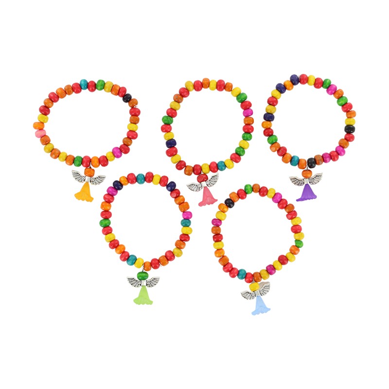 Bracelet sur elastique pour enfant, grains bois couleurs assorties Ø 6 mm avec medaille petit ange - LOT DE 5 ASSORTIS