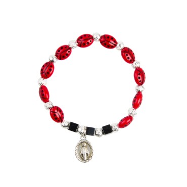 Bracelet sur élastique pour enfant, grains coccinelle 6 x 8 mm avec médaille V Miraculeuse.
