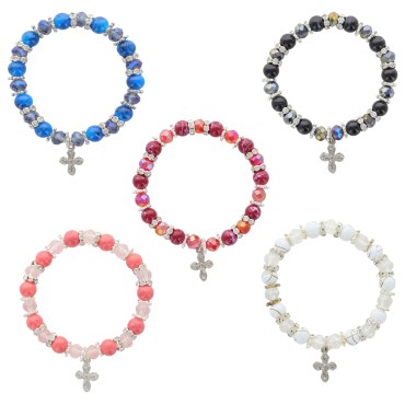 Bracelet sur elastique grains verre, facettes et strass, Ø 8 mm, avec croix.