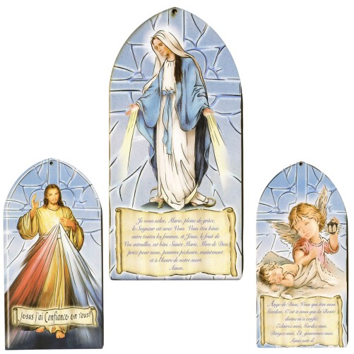 Cadre plaque de porte en bois à suspendre, H. 20 cm, image collée avec prière, plusieurs saints.