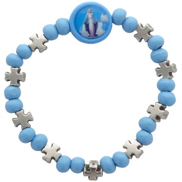 Bracelet sur elastique pour enfant de couleur bleu ou rose, grains en bois et croix  Ø 4 mm et resine de la V. Miraculeuse