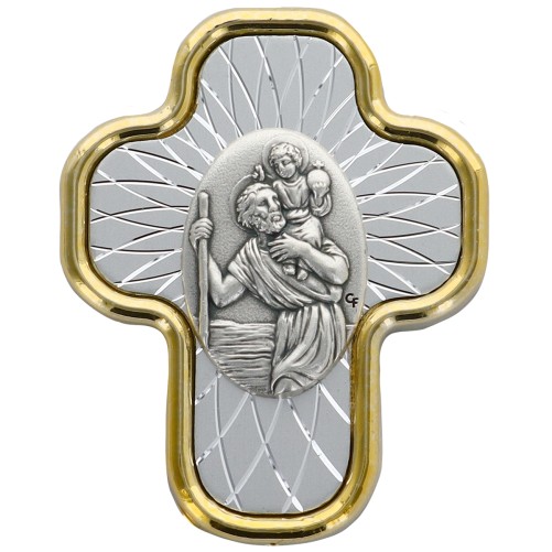 Plaque auto de Saint Christophe forme croix de couleur argentée et dorée. H. 5 x 4 cm.