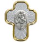 Plaque auto de Saint Christophe forme croix de couleur argentée et dorée. H. 5 x 4 cm.