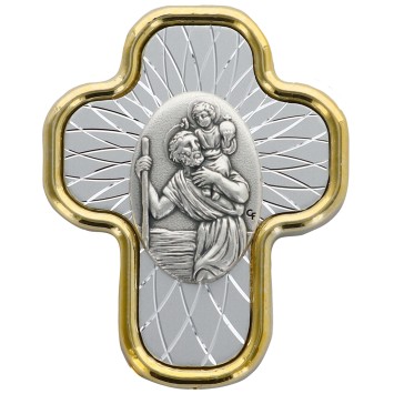 Plaque auto de Saint Christophe forme croix de couleur argentée et dorée. H. 5 x 4 cm.
