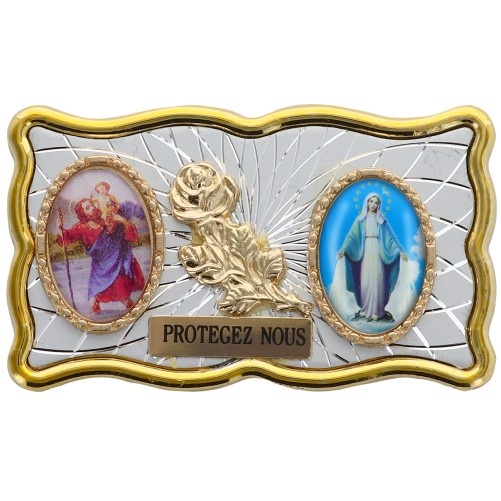 Plaque auto rectangle H. 3 x 6 cm de couleur argentée et dorée avec rose + 2 résines plusieurs Saints.