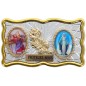 Plaque auto rectangle H. 3 x 6 cm de couleur argentée et dorée avec rose + 2 résines plusieurs Saints.