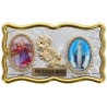 Plaque auto rectangle H. 3 x 6 cm de couleur argentée et dorée avec rose + 2 résines plusieurs Saints.