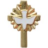 Pin's doré en forme de croix, avec colombe centrale émaillée blanche – Hauteur 2 cm