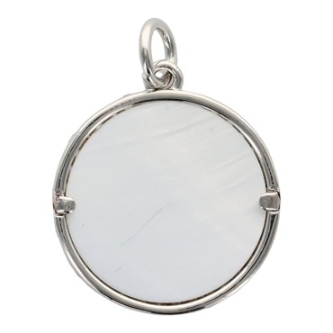 Medaille en coquille naturelle et zirconium avec la Vierge Miraculeuse en laiton argente, Ø 1,3 cm. VENDU PAR LOT DE 5.
