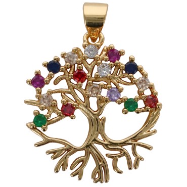 Pendentif de l arbre de vie de couleur dore avec zirconium de differentes couleurs. H 2 cm. VENDU PAR LOT DE 5