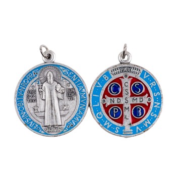 Medaille metal couleur argentee colore de saint Benoit, plusieurs tailles.