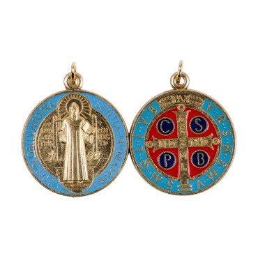 Medaille metal couleur doree colore de saint Benoit. Plusieurs tailles.