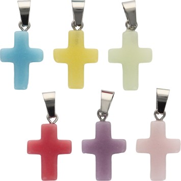 Croix de cou en couleur en pierre synthetique noctilumineuse/pierre lumineuse, H. 2 cm, couleurs assorties, LOT DE 10