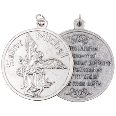 Medaille metal couleur argentee de la protection de saint Michel avec priere au verso. Plusieurs tailles.