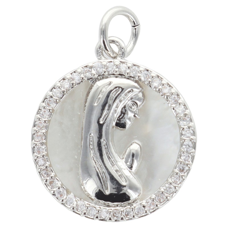 Pendentif rond laiton couleur argentee de la Vierge  Ø 2 cm avec zircon.