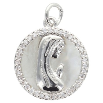 Pendentif rond laiton couleur argentee de la Vierge  Ø 2 cm avec zircon.