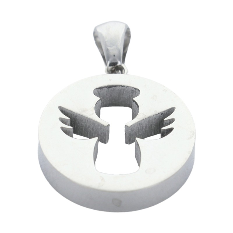 Pendentif ange couleur argentee en acier inoxydable H. 2 cm.