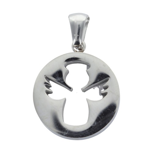 Pendentif ange couleur argentee en acier inoxydable H. 2 cm.