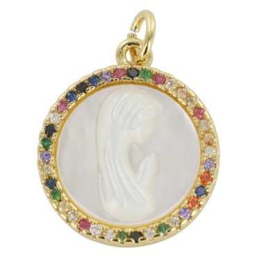 Pendentif en coquille et laiton couleur doree avec Vierge et zircon differentes couleurs Ø 1,8 cm.