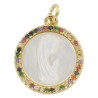 Pendentif en coquille et laiton couleur doree avec Vierge et zircon differentes couleurs Ø 1,8 cm.