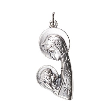 Pendentif de cou de la Vierge a l´enfant de profil en métal couleur argentée H. 3,5 cm.