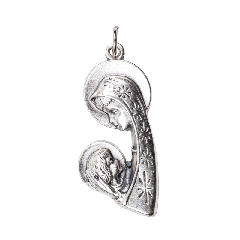 Pendentif de cou de la Vierge a l´enfant de profil en métal couleur argentée H. 3,5 cm.