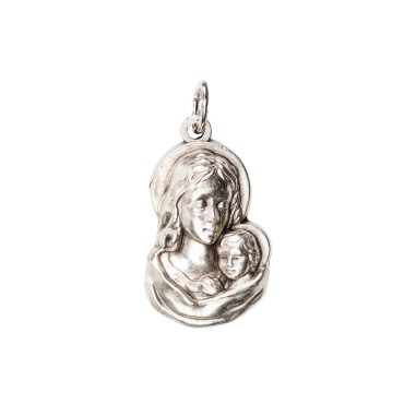 Pendentif de cou de la Vierge a l´enfant en métal couleur argentée H. 2 cm.