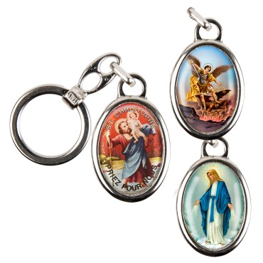 Porte-clés en métal couleur argentée H. 3,8 cm avec résine couleur des saints.