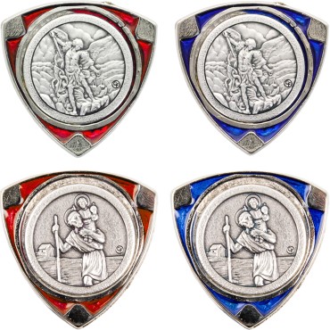 Plaque auto en forme triangulaire, hauteur 3,5 cm, avec un style vitrail disponible en bleu ou rouge assortis