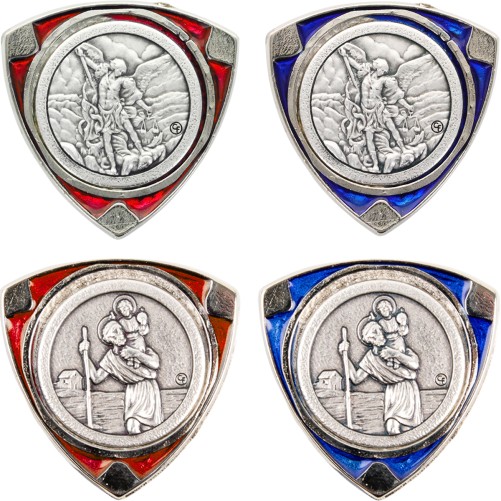 Plaque auto en forme triangulaire, hauteur 3,5 cm, avec un style vitrail disponible en bleu ou rouge assortis