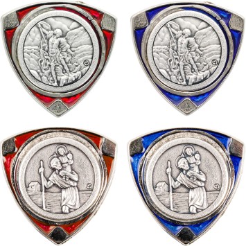 Plaque auto en forme triangulaire, hauteur 3,5 cm, avec un style vitrail disponible en bleu ou rouge assortis