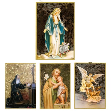 Cadre en bois à suspendre, finition feuille d’or – H. 15 x 10 cm, image collée, plusieurs saints.