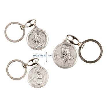 Porte-cles double face en metal couleur argentee Ø 3,2 cm saint Christophe et un saint.