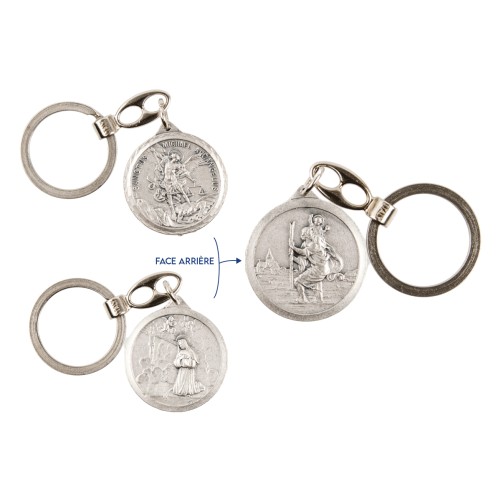 Porte-cles double face en metal couleur argentee Ø 3,2 cm saint Christophe et un saint.