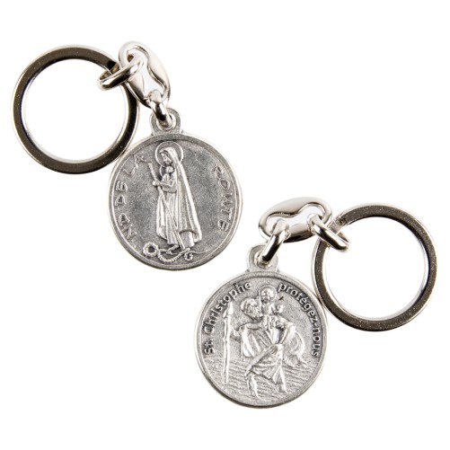 Porte-clés double face de ND de la route / saint Christophe Ø 3 cm en métal couleur argentée.