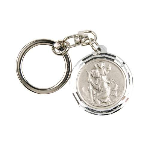 Porte-cles de saint Christophe Ø 3,2 cm en aluminium et plaque metal couleur argentee.
