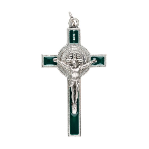 Croix de cou de Saint Benoît en métal argenté, émaillée – Hauteur 5 cm Plusieurs couleurs.