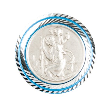Plaque auto de saint Christophe Ø 3,5 cm en alu, bordure striee bleue.