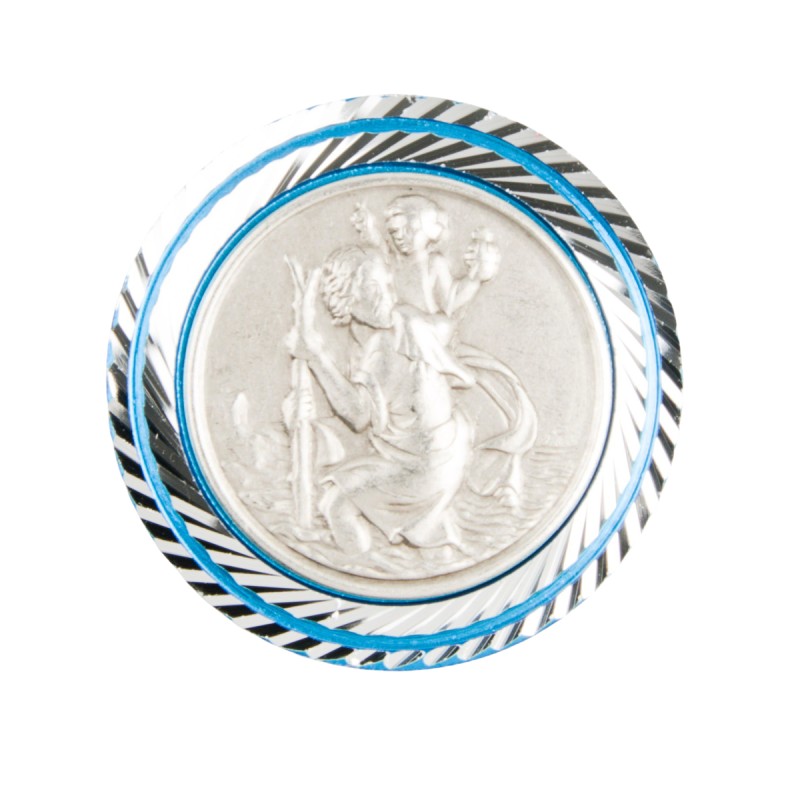Plaque auto de saint Christophe Ø 3,5 cm en alu, bordure striee bleue.