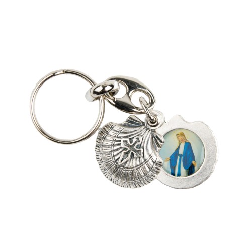 Porte clés coquille de saint Jacques Ø 2,5 cm résine double face saint Jacques de compostelle / Vierge Miraculeuse.